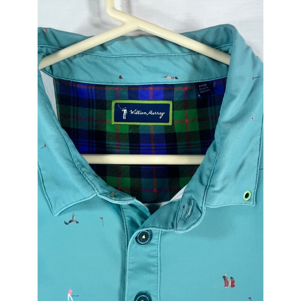 William Murray Golf Polo Shirt Mens Large Teal Blue Miniature Golfer Print Short